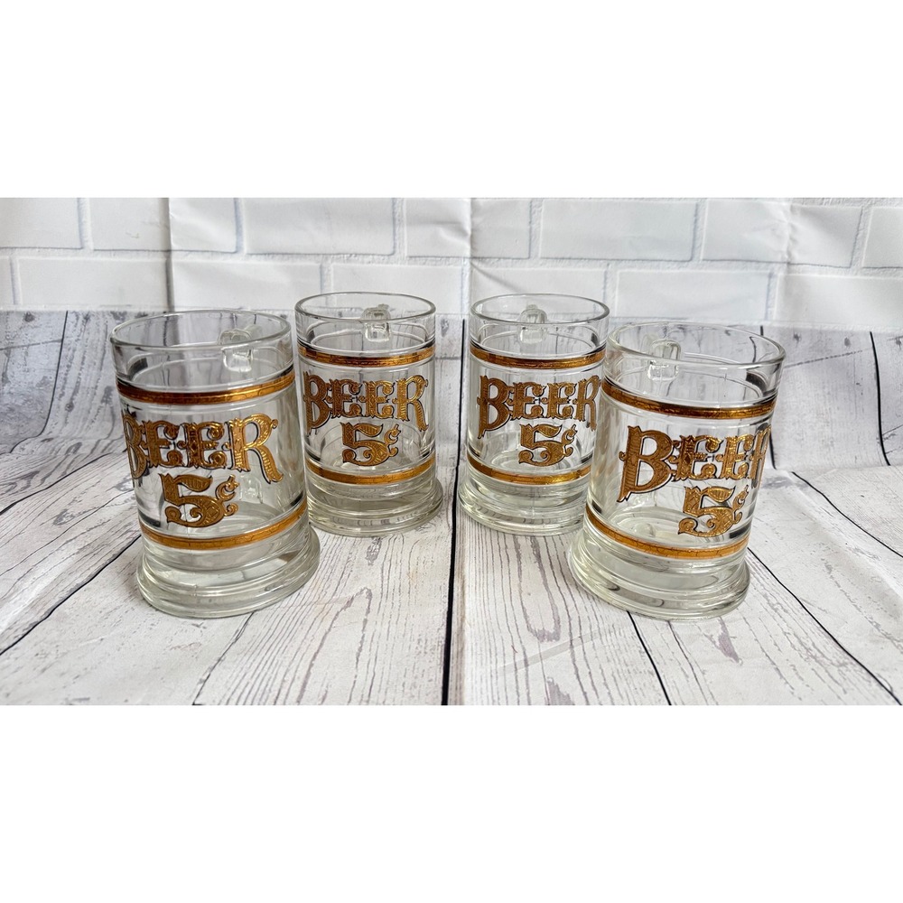 Vintage Beer 5 Cent Gold Graphic Glass Mugs Set of 4 Heavy Base Steins